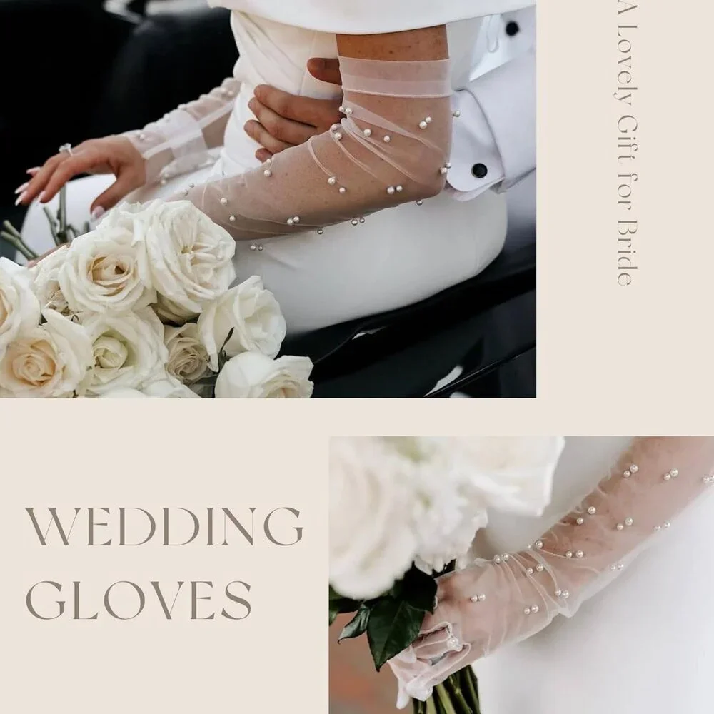 Women's White Long Tulle Pearl Long Sleeves Gloves Bridal Party Prom Costumes